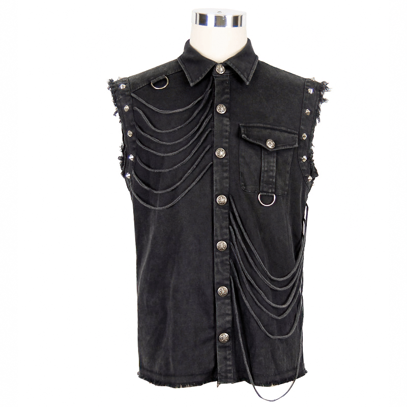 Men's black sleeveless shirt with decorative buttons and gothic rivets, featuring stylish chains and a free cut for comfort.