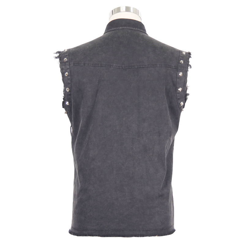 Back view of a men's sleeveless gothic shirt featuring decorative silver buttons and distressed edges.