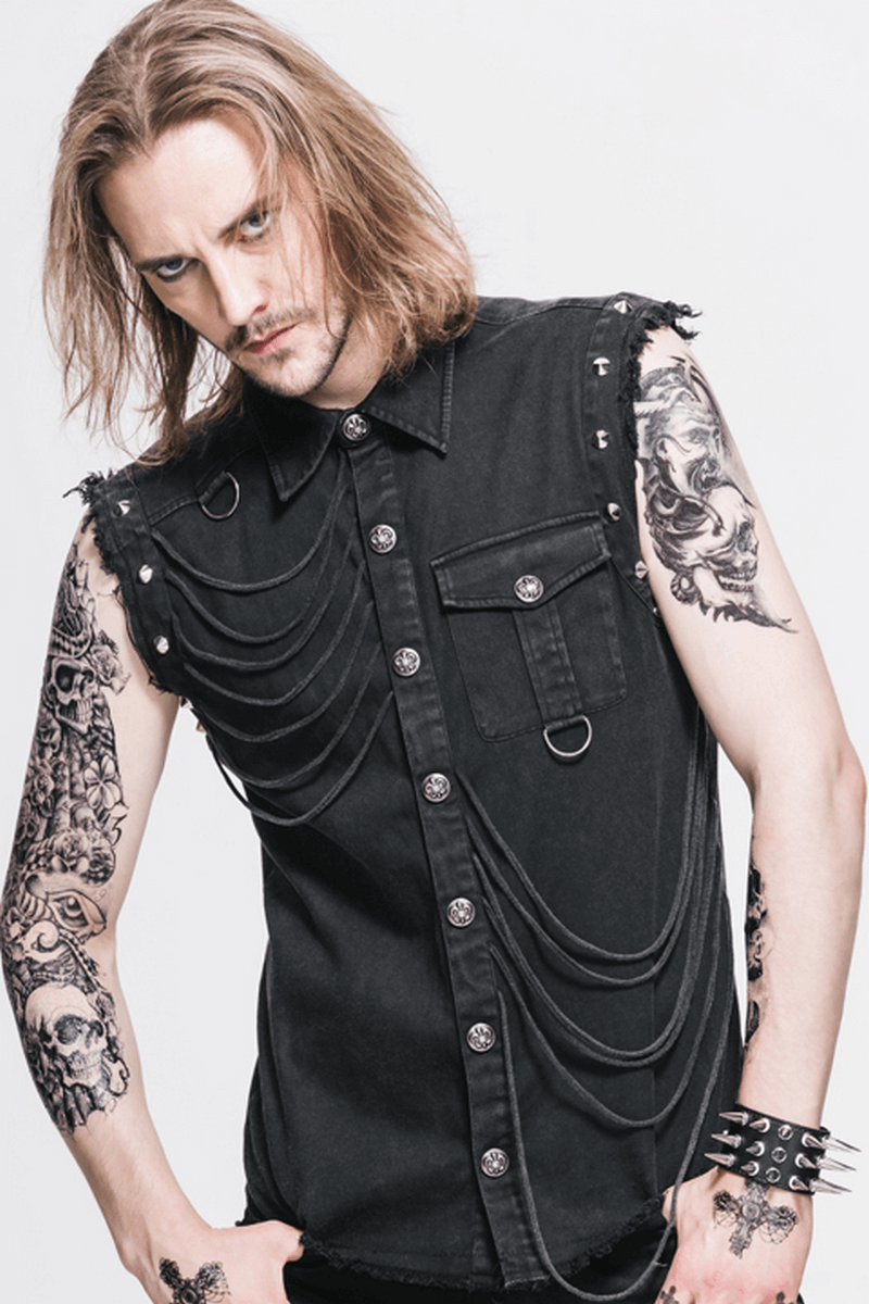 Men's black sleeveless shirt with decorative chains and rivets, showcasing gothic style and edgy fashion.