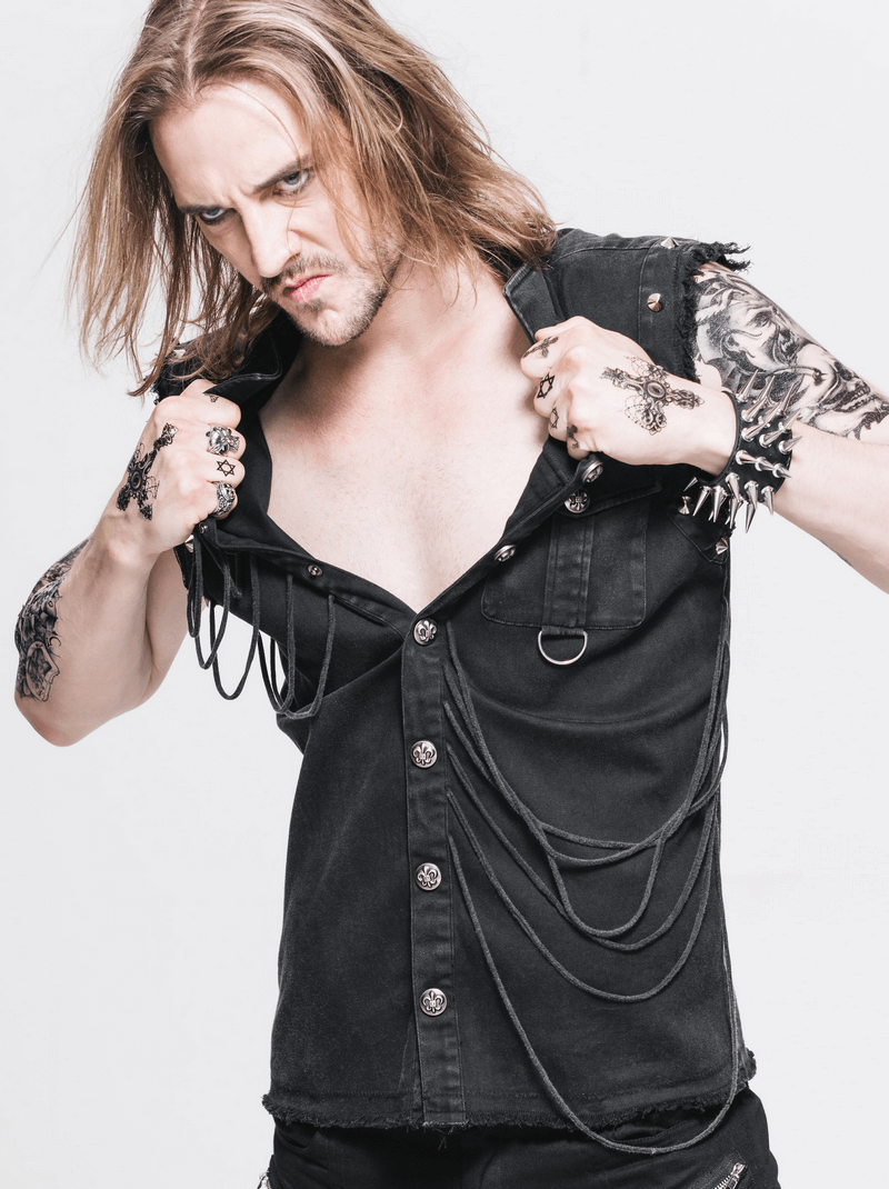 Men's gothic slim sleeveless shirt featuring decorative buttons and chains, perfect for a stylish edgy look.