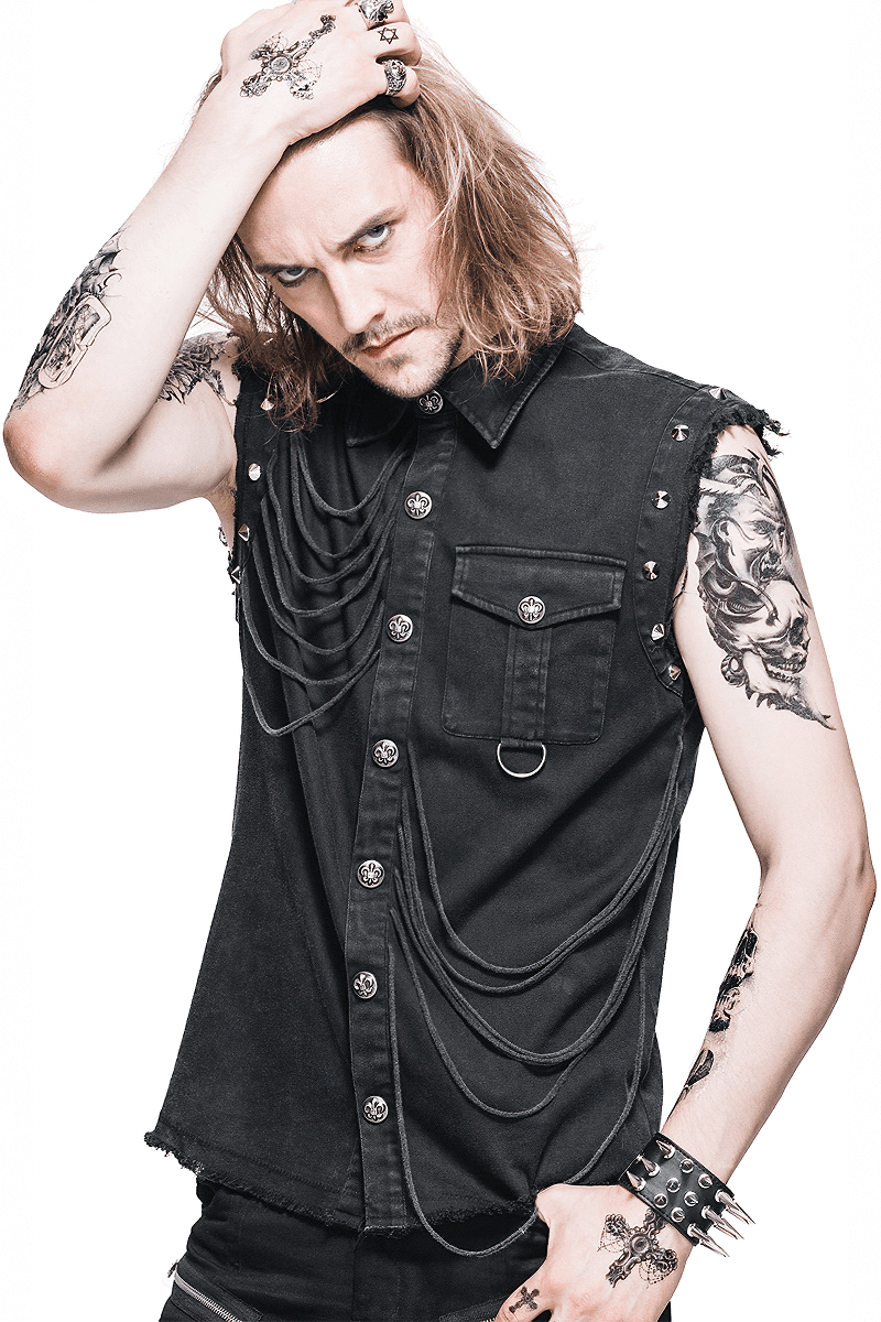 Men's Slim Sleeveless Shirt with Decorative Buttons / Gothic Style Rivets Black Shirt - HARD'N'HEAVY