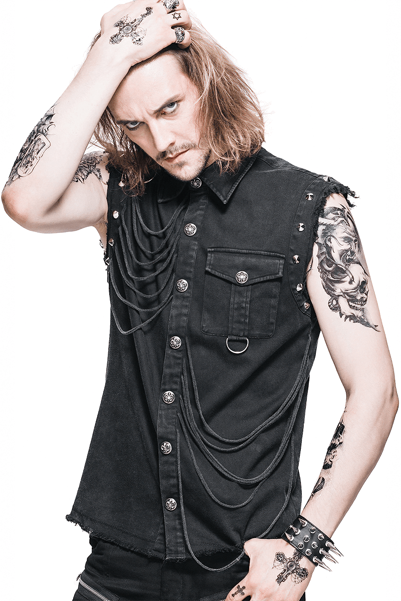 Stylish men's sleeveless gothic shirt with decorative buttons and chains, perfect for a bold fashion statement.