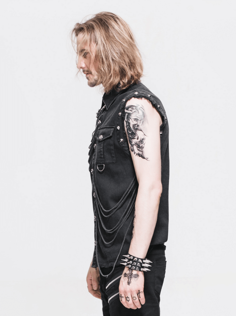 Men's gothic sleeveless shirt with decorative buttons and chains, showcasing a stylish dark look.