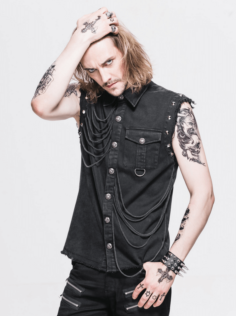 Men's slim sleeveless black gothic shirt with decorative buttons and rivets, perfect for a stylish edgy look.