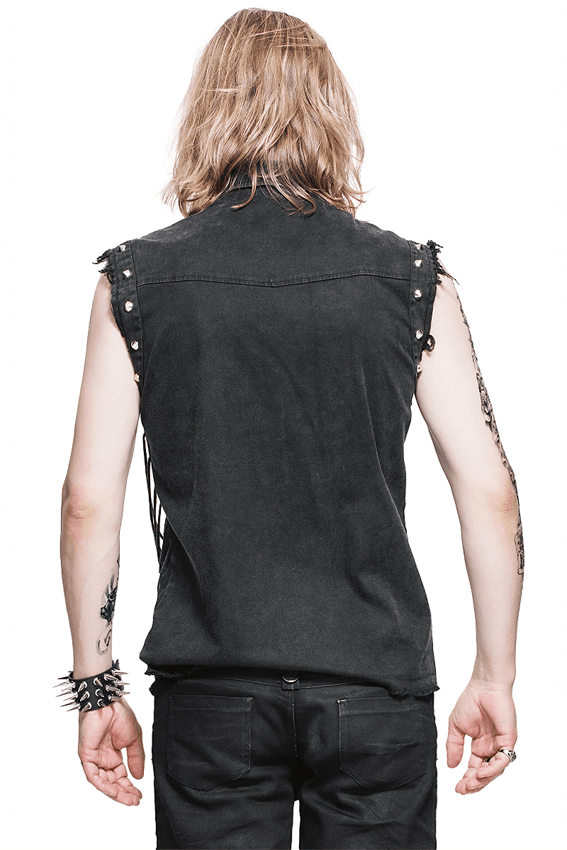 Men's Slim Sleeveless Shirt with Decorative Buttons / Gothic Style Rivets Black Shirt - HARD'N'HEAVY