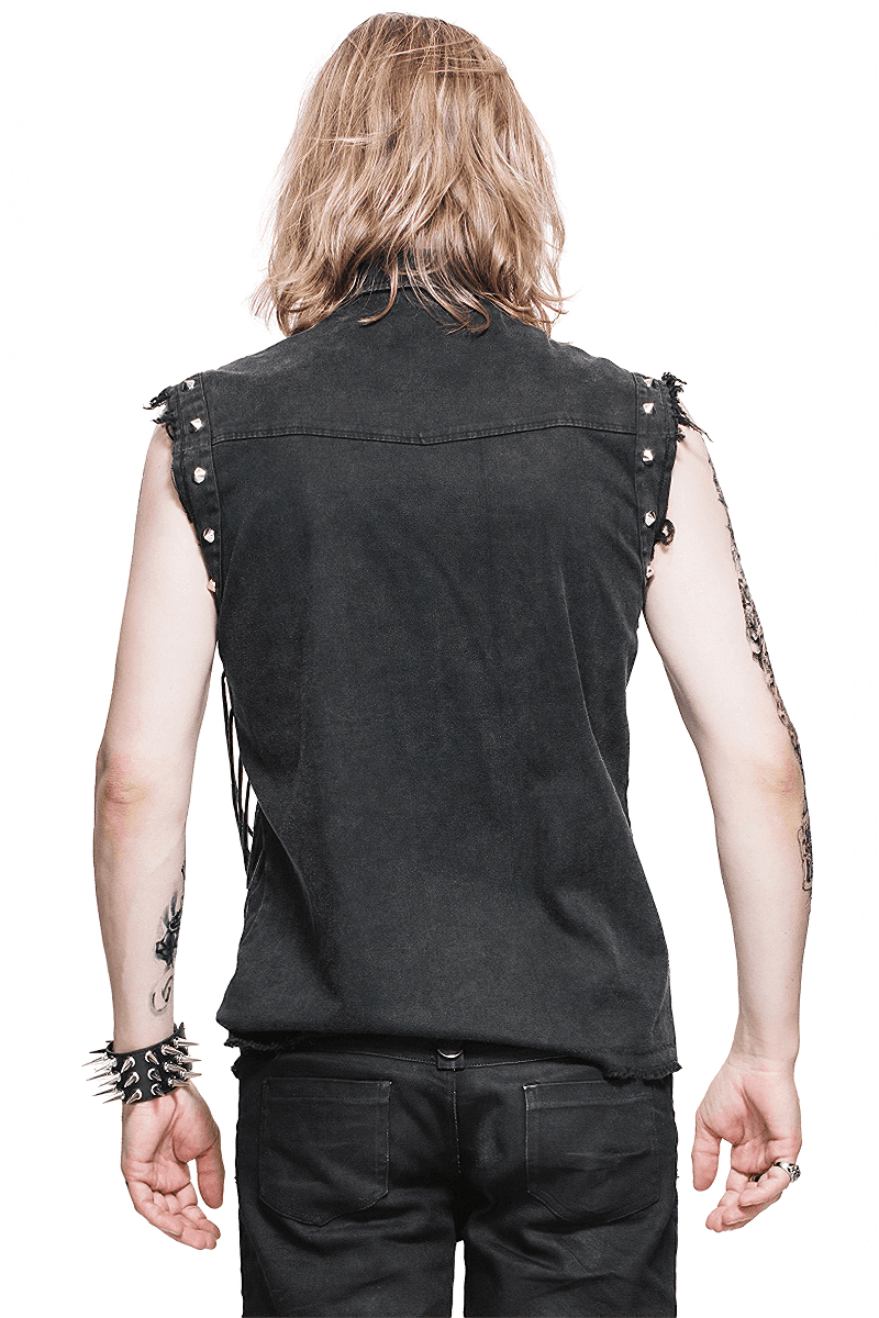 Men's slim black sleeveless shirt with decorative rivets and stylish fringe detail, perfect for a gothic look.