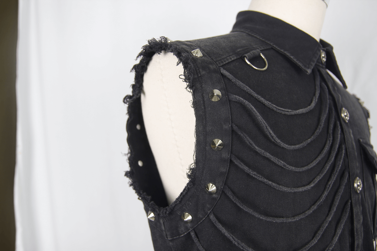 Men's Slim Sleeveless Shirt with Decorative Buttons / Gothic Style Rivets Black Shirt - HARD'N'HEAVY