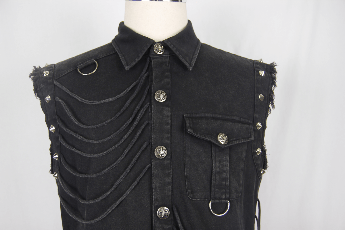 Close-up of a men's gothic sleeveless shirt featuring decorative buttons and rivets, perfect for edgy fashion enthusiasts.