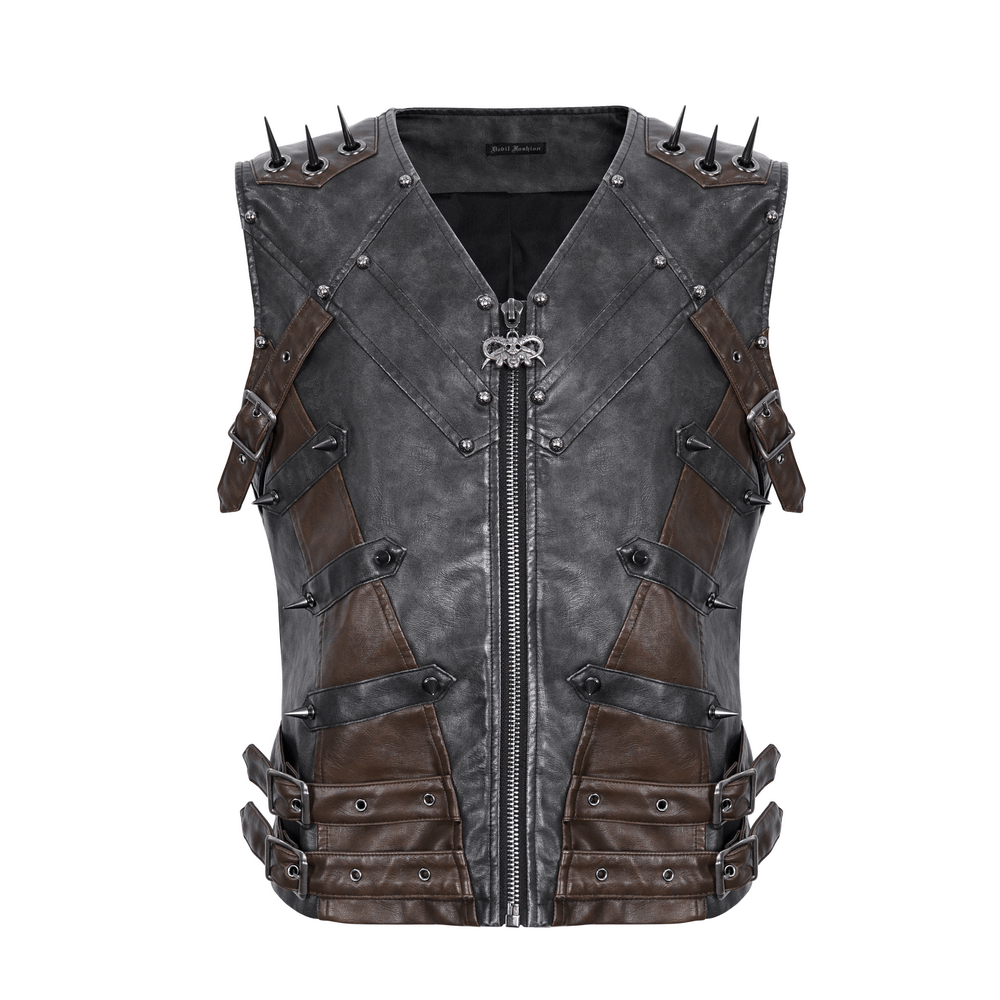 Men's spiked leather biker vest with zipper, featuring metallic spikes and buckles for an edgy urban look.