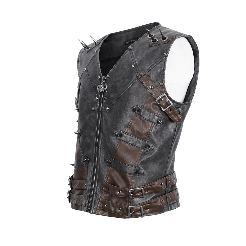 Men's spiked leather biker vest with zipper, featuring bold spikes and multiple buckles for an edgy urban style.