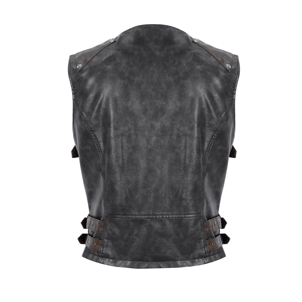 Men's spiked leather biker vest back view featuring stylish buckles and durable fabric for edgy urban fashion.