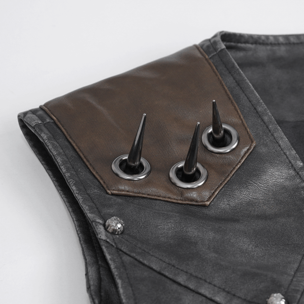 Close-up of spiked leather detail on men's biker vest, showcasing edgy style and urban fashion.