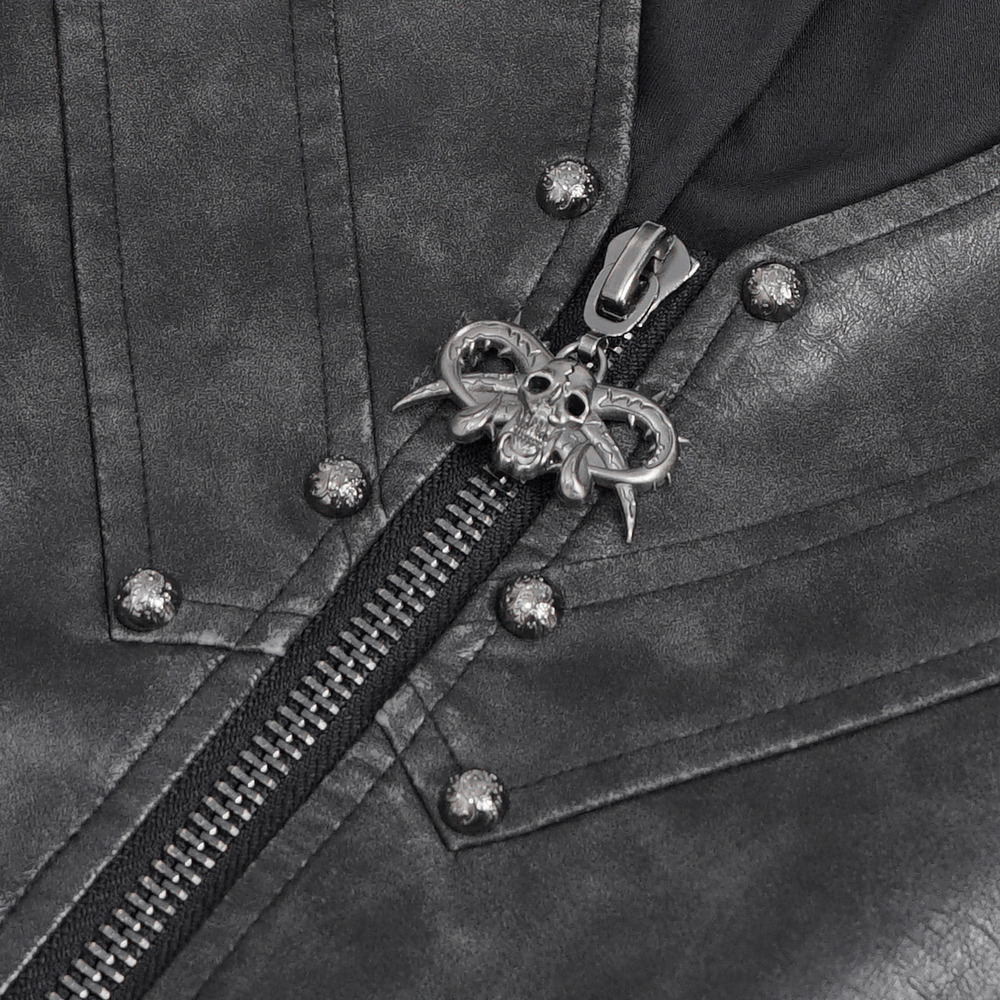 Close-up of the zipper and metallic spikes on a men's spiked leather biker vest, showcasing edgy urban fashion.
