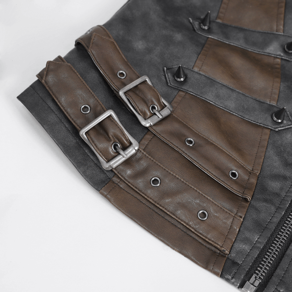 Close-up of men's spiked leather biker vest, showcasing buckles and edgy design details.