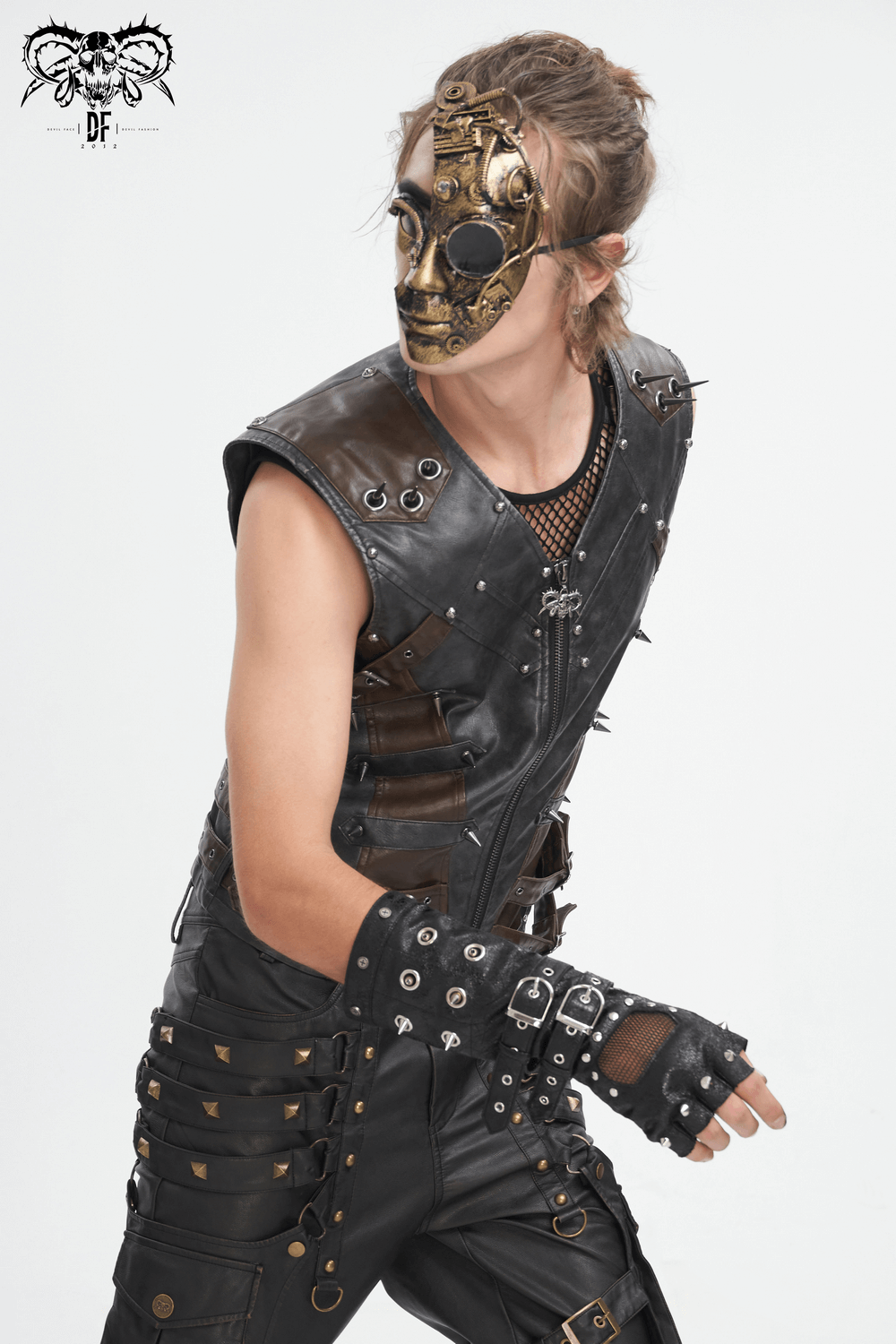 Men's spiked leather biker vest with zipper, showcasing edgy urban fashion and bold metallic details.