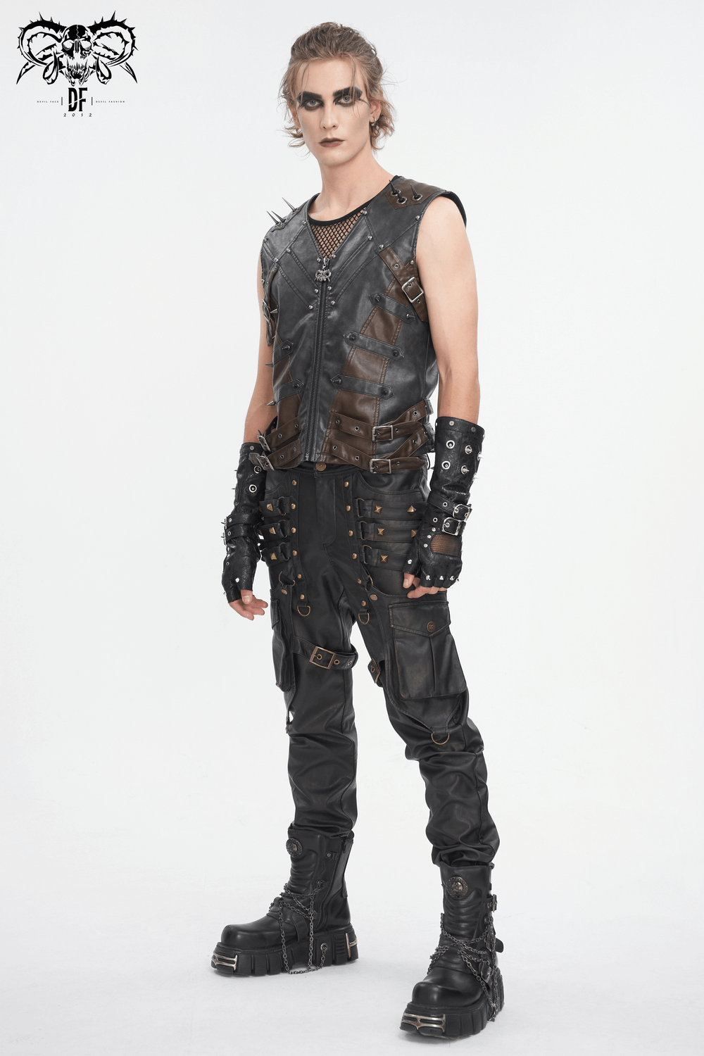 Men's spiked leather biker vest with buckles and gloves, showcasing edgy urban fashion style.