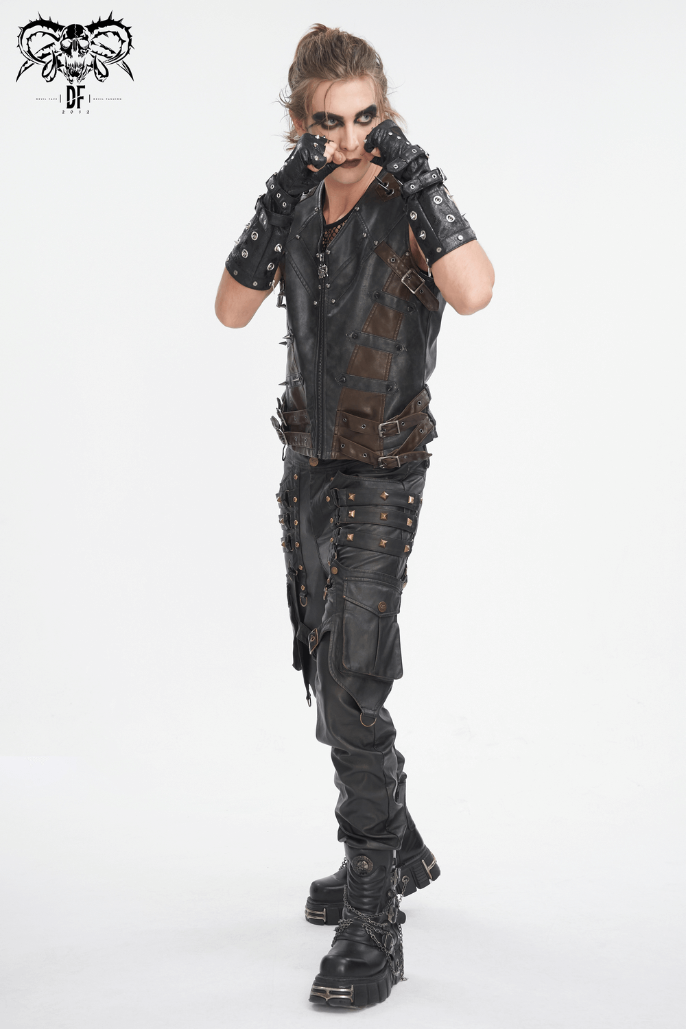 Edgy men's spiked leather biker vest with zipper, gloves, and rugged style for the ultimate urban fashion statement.