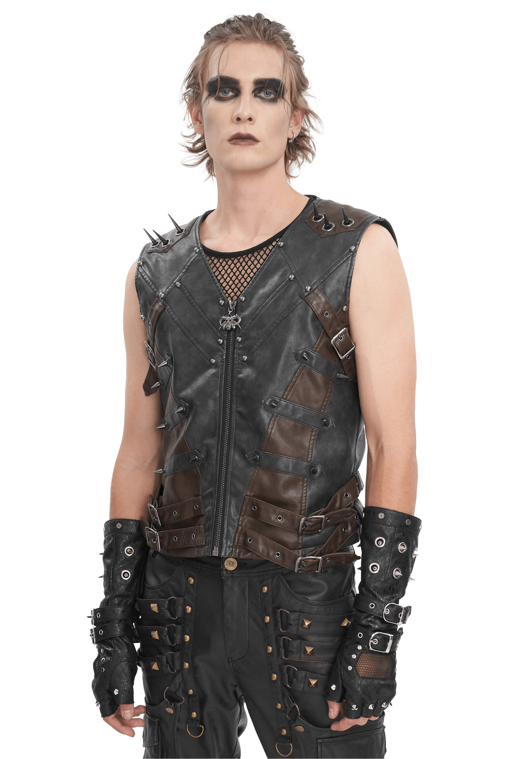 Men's spiked leather biker vest with zipper, showcasing edgy style and urban fashion for motorcycle enthusiasts.