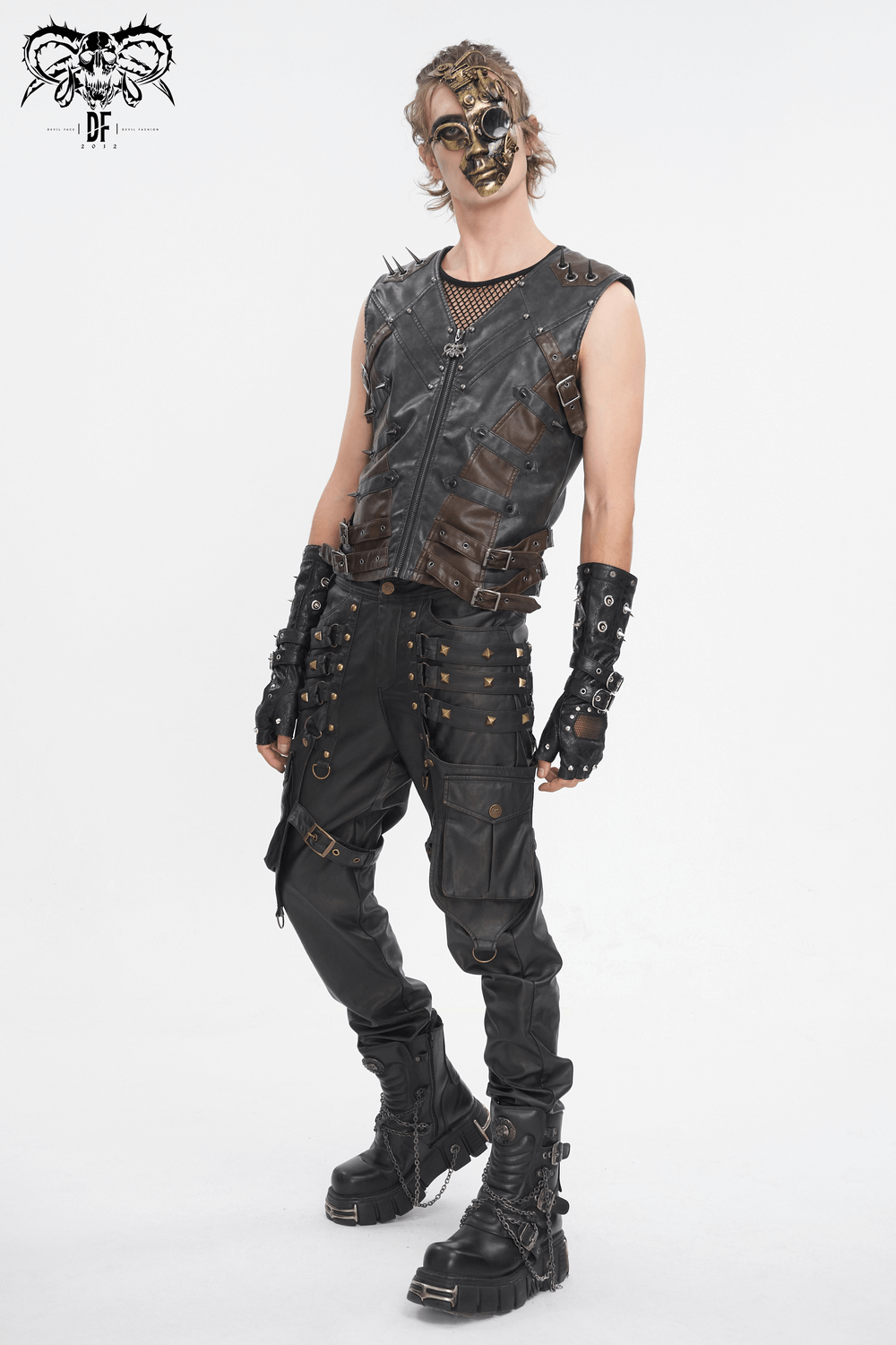 Men's spiked leather biker vest with zipper, edgy urban fashion for motorcycle enthusiasts.