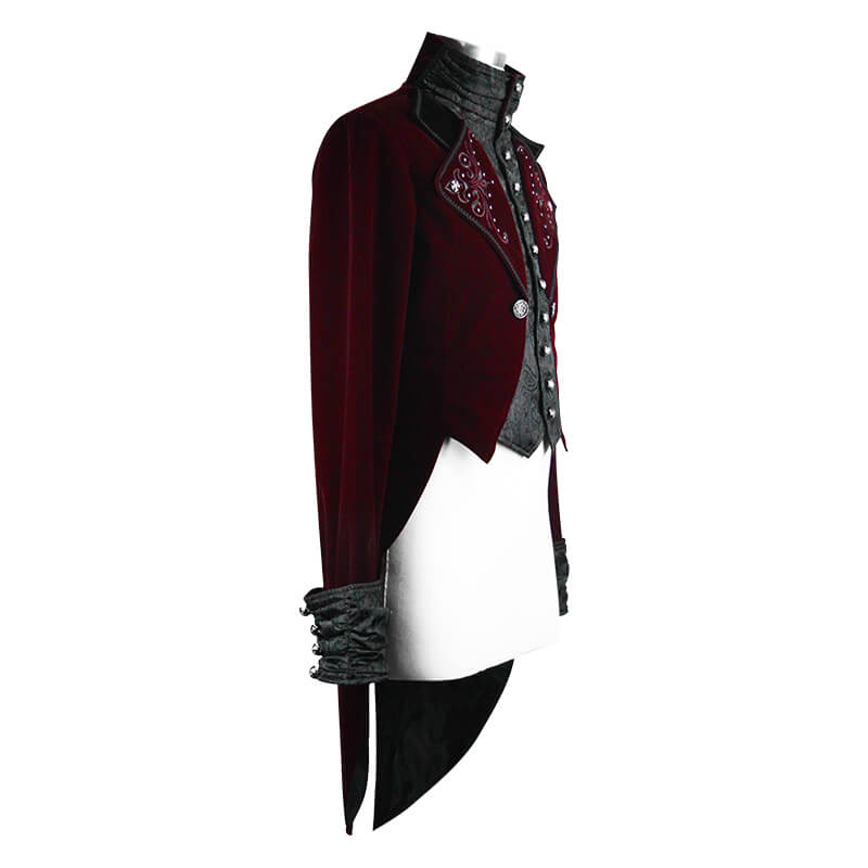 Men's steampunk velvet coat in wine red, featuring silver buttons and vintage style, perfect for alternative fashion enthusiasts.
