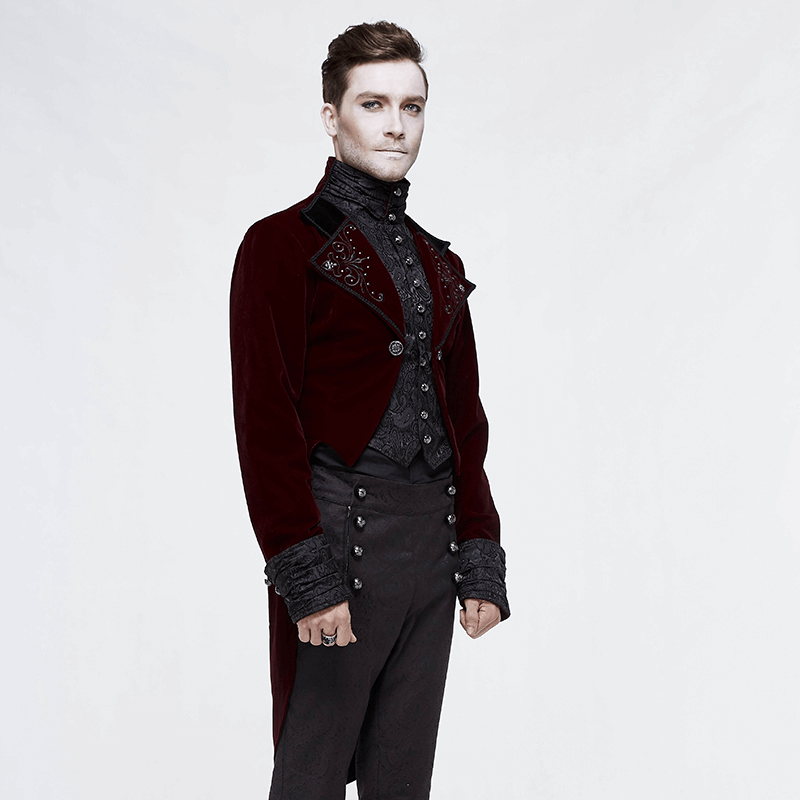 Stylish man in a wine red steampunk velvet coat with silver buttons and detailed embellishments.