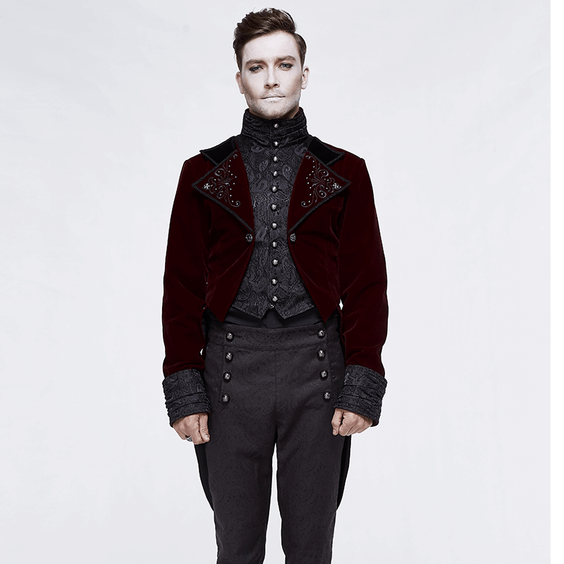 Stylish man in a wine red steampunk velvet coat with silver buttons, exuding vintage charm and alternative fashion vibes.
