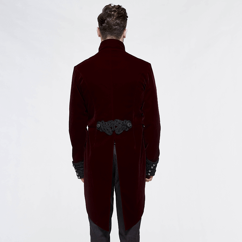 Back view of a men's wine red steampunk velvet coat featuring intricate waist detailing and a stylish collar.