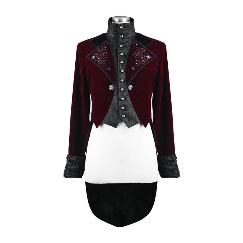 Men's wine red steampunk velvet coat with silver buttons and intricate embroidery, perfect for alternative fashion enthusiasts.
