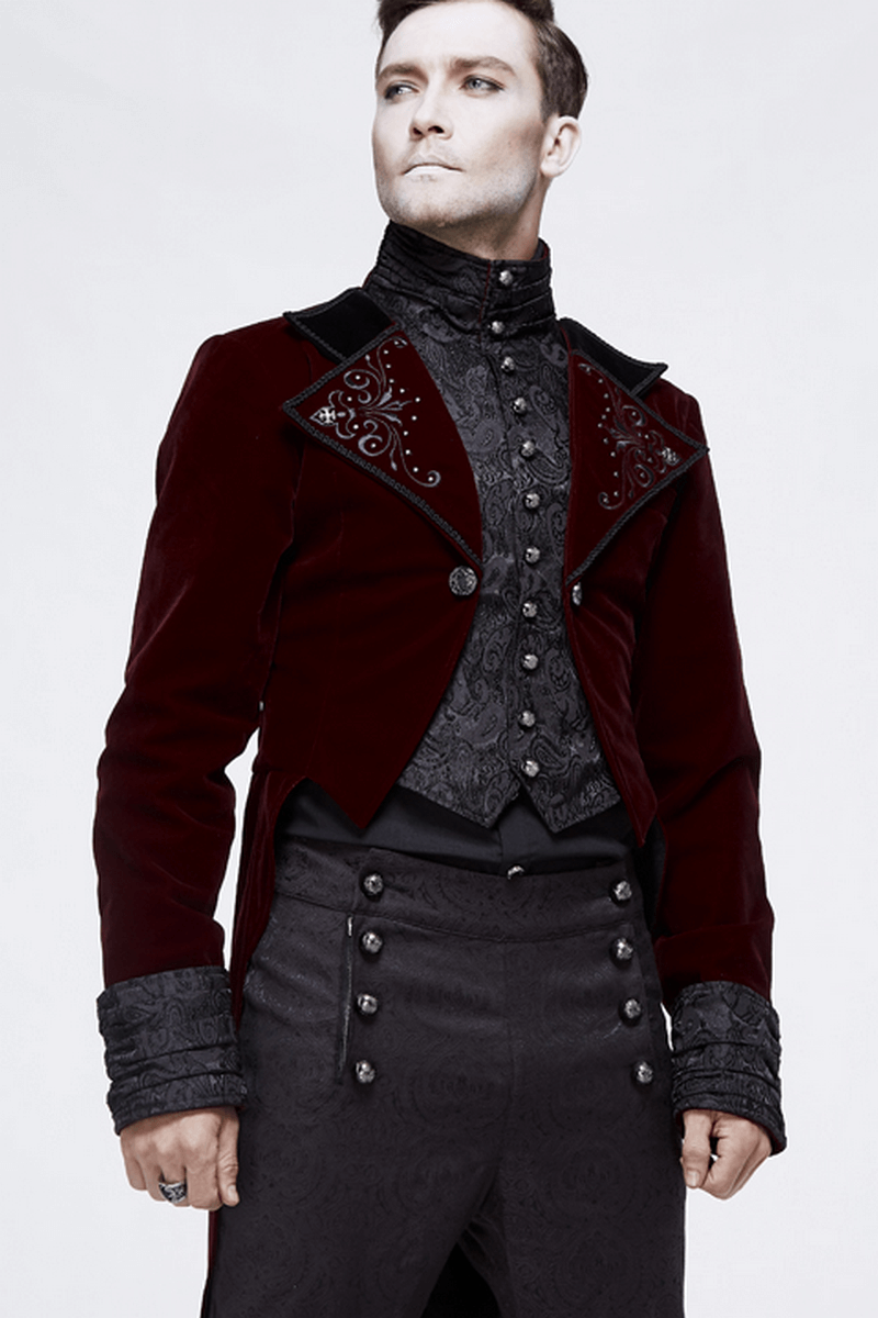 Men's vintage steampunk coat in wine red velvet, featuring silver buttons and stylish detailing, perfect for alternative fashion.