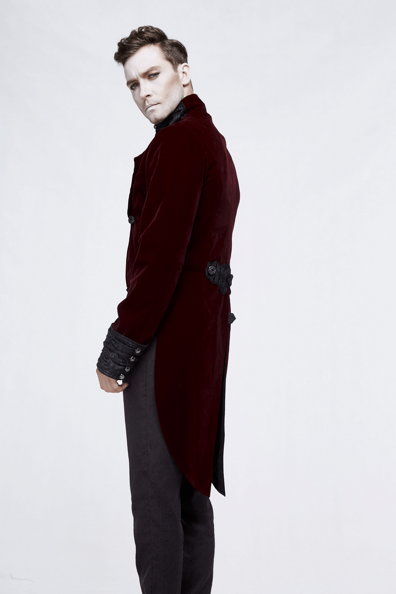 Men's steampunk velvet coat in wine red, showcasing vintage style with silver buttons and elaborate detailing.