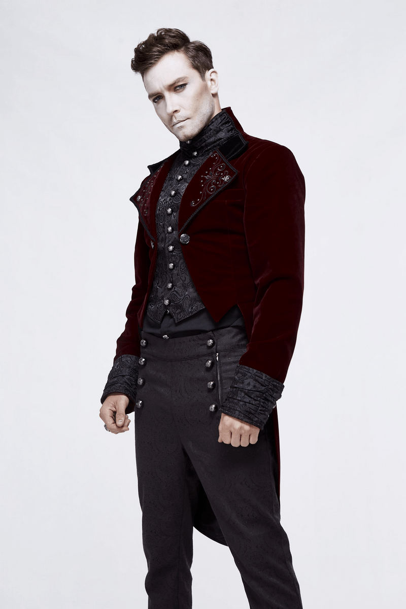 Model wearing a vintage steampunk wine red velvet coat with silver buttons, perfect for alternative fashion enthusiasts.