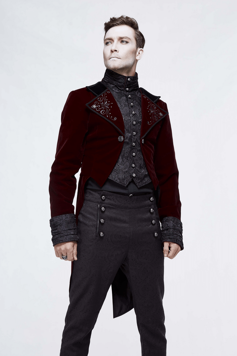 Men's steampunk velvet wine red coat with silver buttons, perfect for alternative fashion enthusiasts.