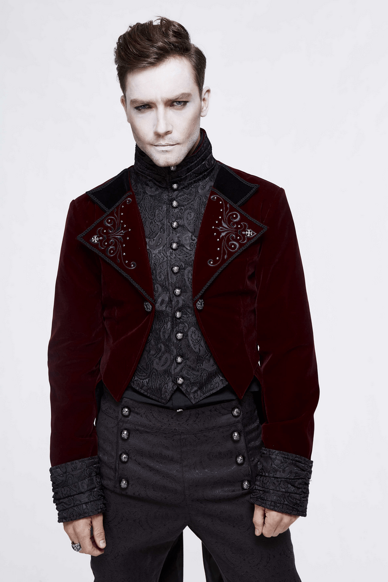 Men's wine red velvet steampunk coat with decorative silver buttons and intricate details, showcasing alternative fashion style.