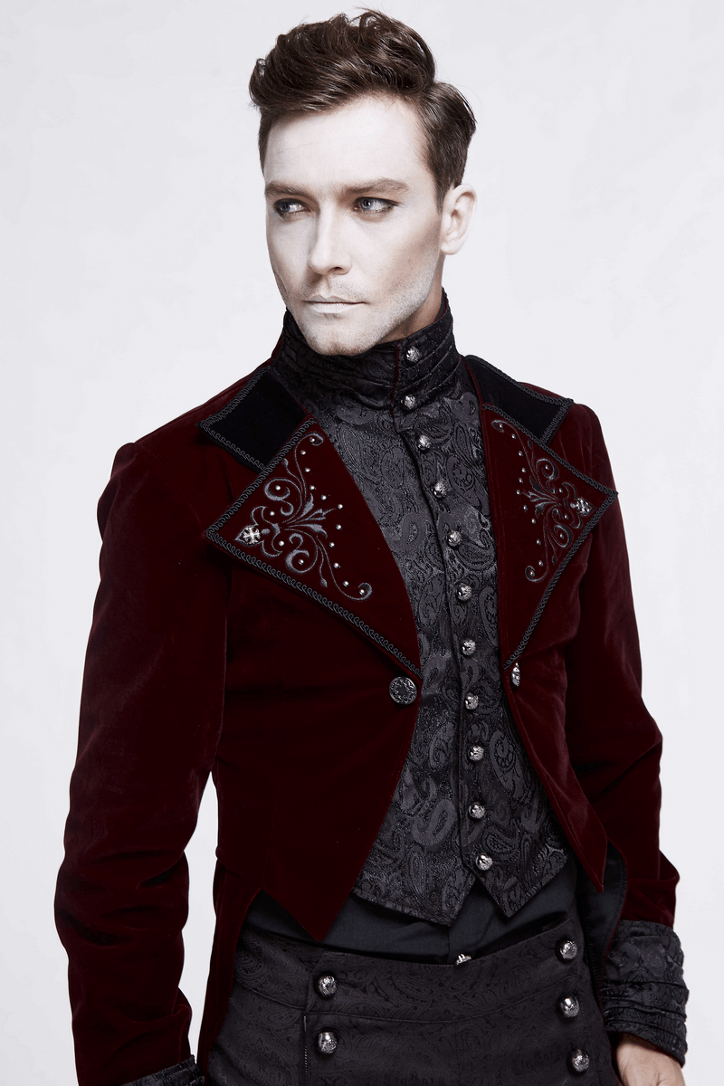 Men's vintage steampunk velvet coat in wine red with intricate silver embellishments, perfect for alternative fashion enthusiasts.