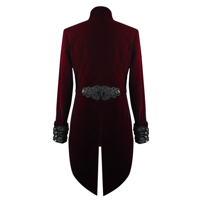 Back view of a men's wine red steampunk velvet coat with ornate silver buttons and stylish detailing.