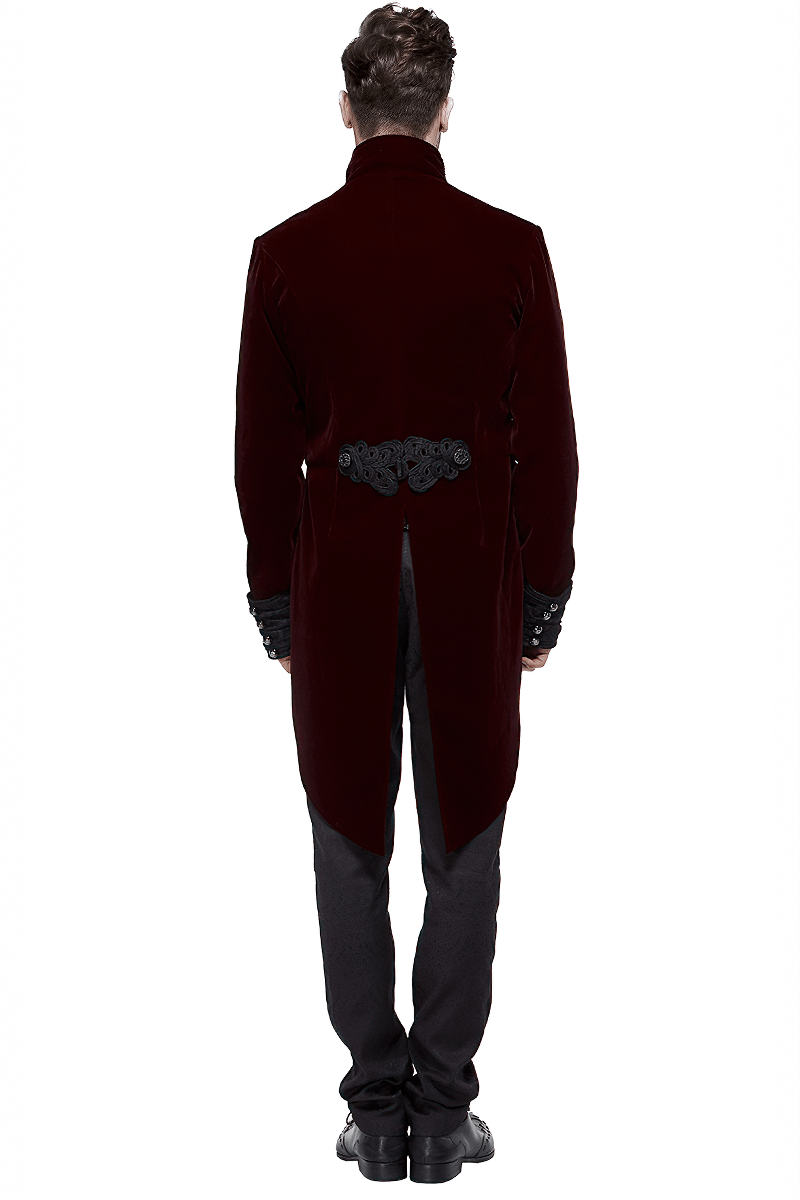 Back view of a men's vintage steampunk velvet coat in wine red with decorative silver accents.