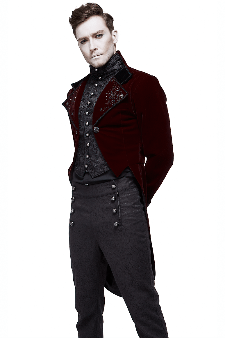 Men's Steampunk Velvet Coat / Retro Male Wine Red Redingote / Alternative Fashion - HARD'N'HEAVY