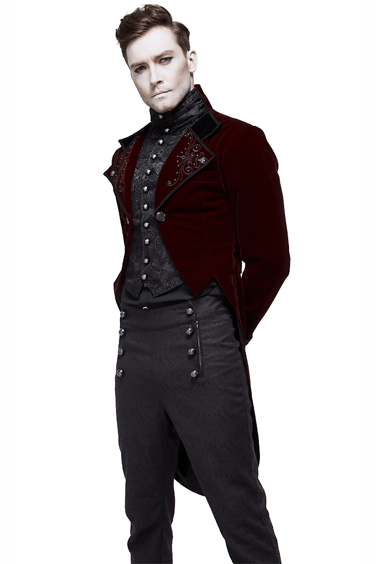 Man wearing a vintage wine red steampunk velvet coat with silver buttons and a stylish outfit