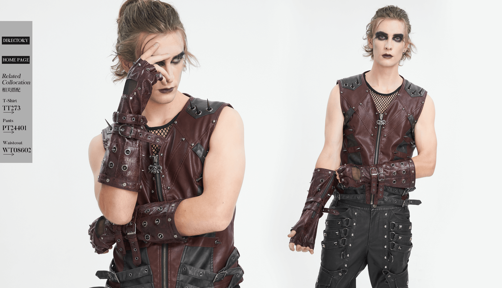 Men's maroon steampunk gloves with metal studs and buckles, styled for a bold punk fashion statement.