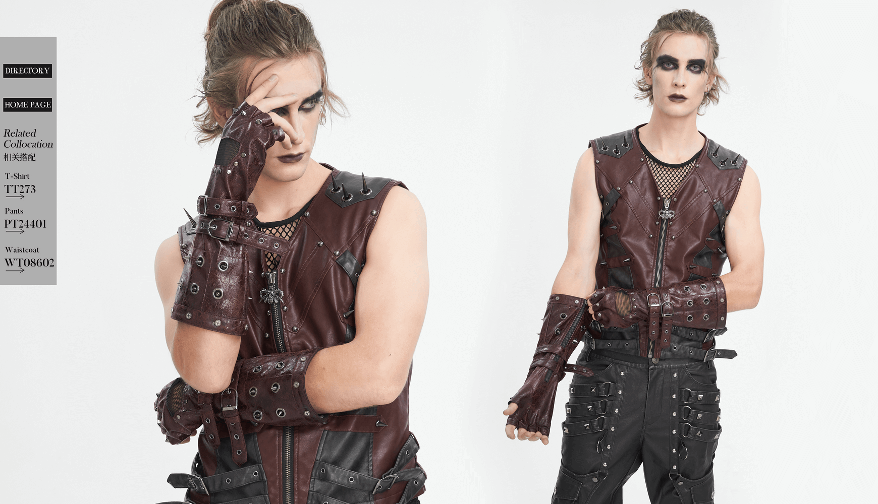 Men's maroon steampunk gloves with metal studs and buckles, styled for a bold punk fashion statement.