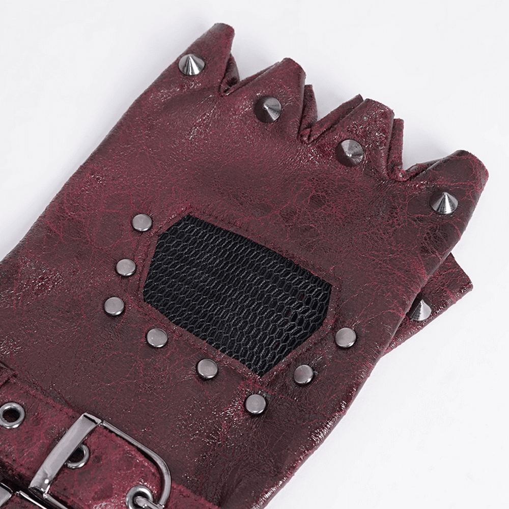 Men's maroon leather steampunk gloves with metal studs and mesh detail, perfect for a bold fashion statement.