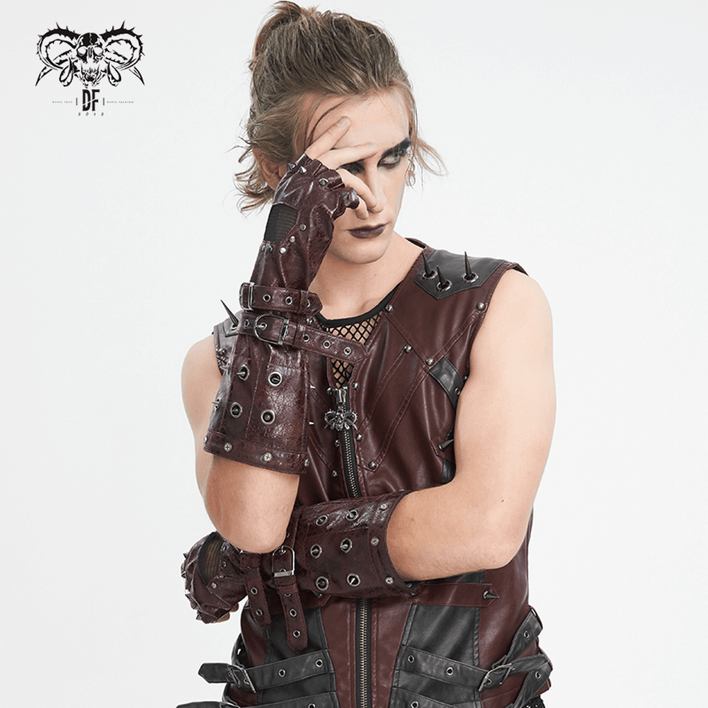 Men's maroon steampunk gloves with studs and buckles, perfect for edgy festival outfits.