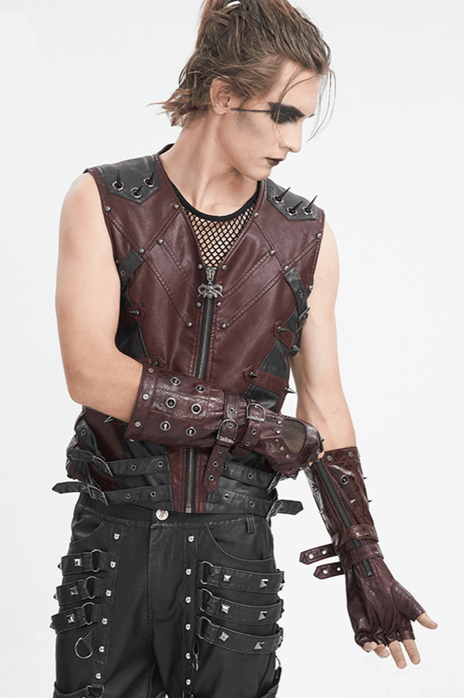 Model wearing maroon studded steampunk gloves with leather vest, showcasing a bold punk style.