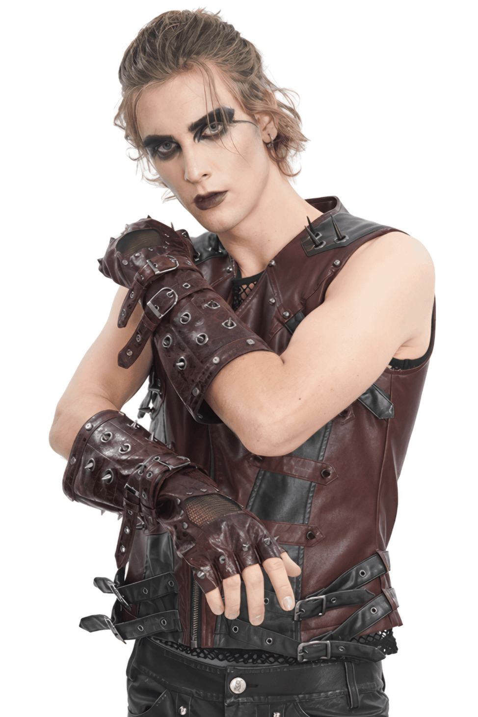 Men's maroon steampunk gloves with metal studs and buckles, perfect for punk style outfits and themed events.