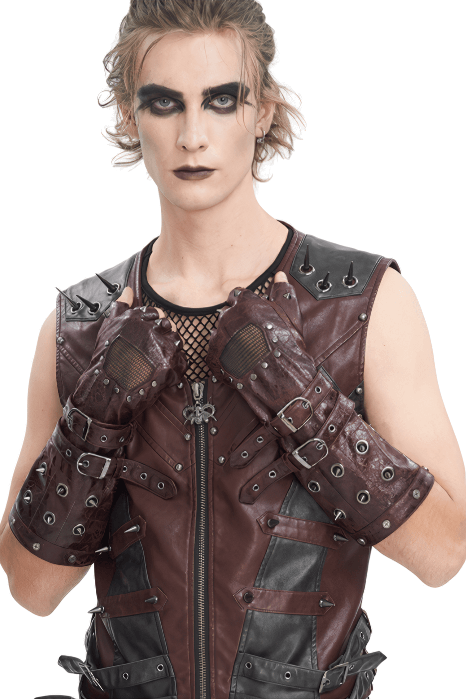 Men's maroon leather steampunk gloves with studs and buckles, perfect for edgy fashion lovers.