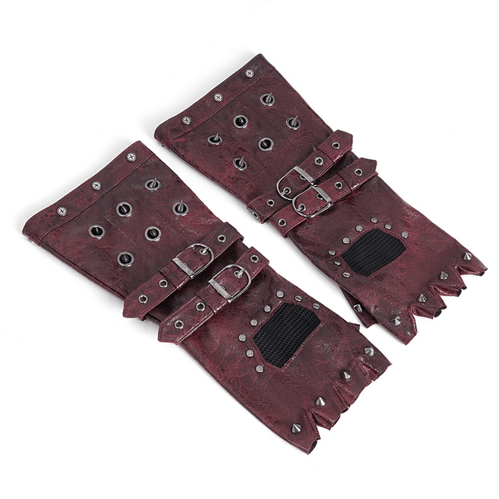 Men's maroon steampunk gloves with metal studs and buckles, perfect for concerts and themed events.