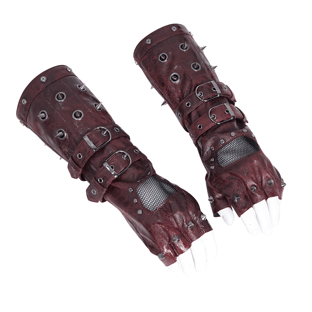 Men's maroon steampunk gloves with metal studs, buckles, and mesh detailing for a bold punk style.
