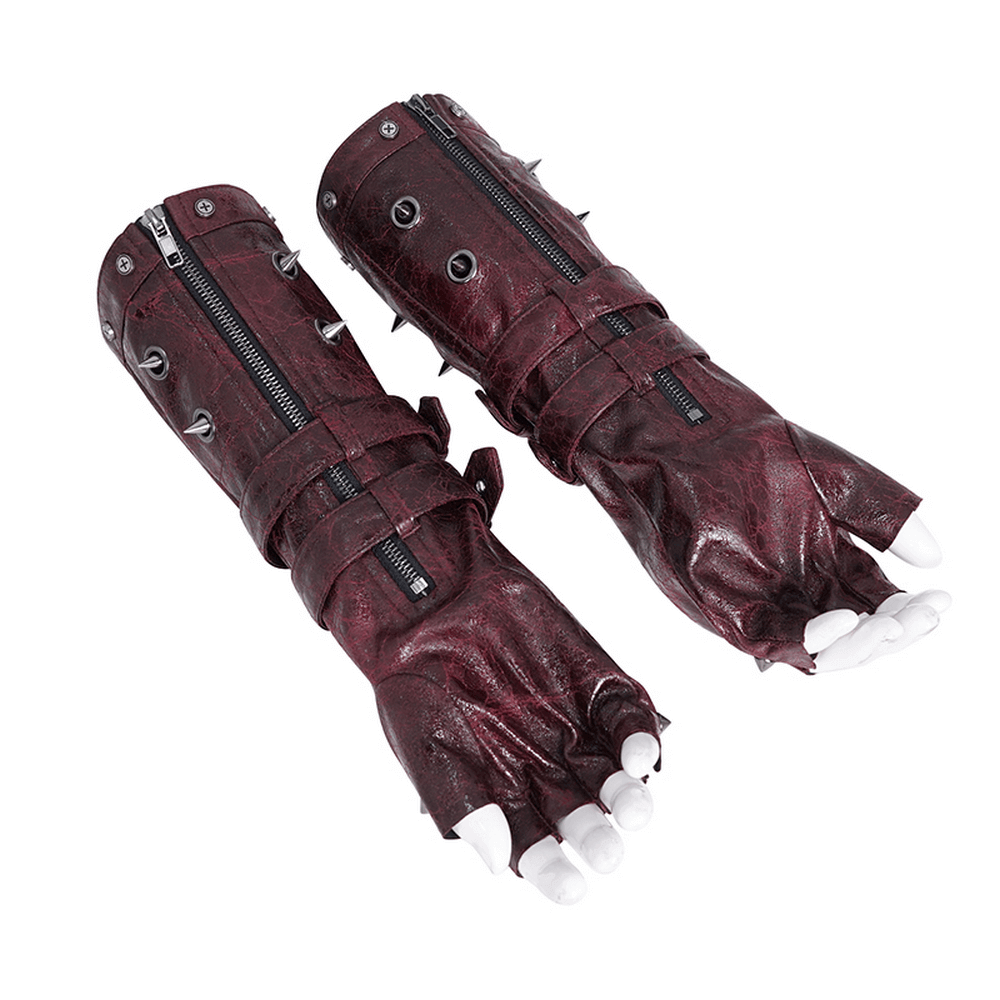 Men's maroon steampunk gloves with metal studs and buckles, perfect for edgy outfits and themed events.