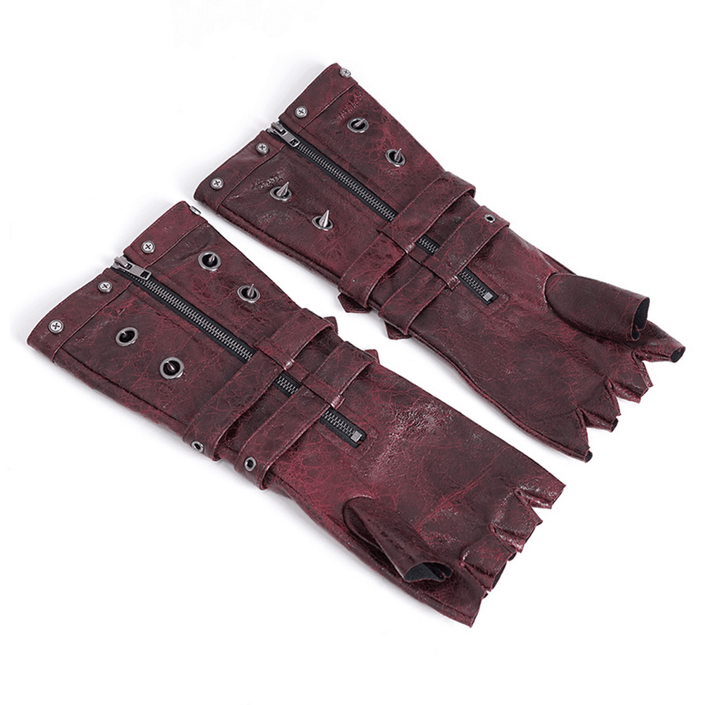 Men's maroon studded steampunk gloves featuring zippers and buckles, perfect for edgy fashion.