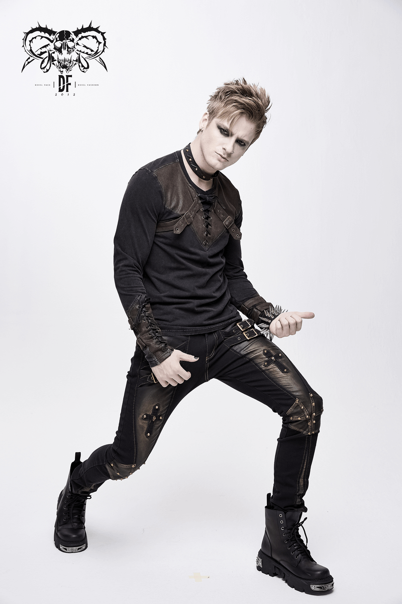 Men's punk style tight pants with dual buckle straps and bronze accents, perfect for a gothic fashion statement.